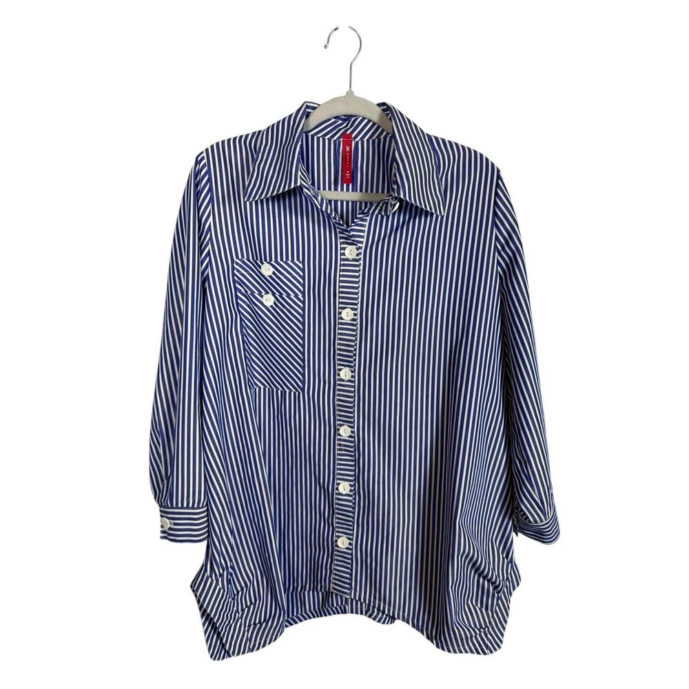 IC Collection by Connie K Striped Tunic Blouse Size Medium Blue White Boxy